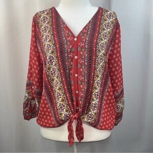 West Kei Red Boho Print Tie Waisted Blouse-NWT- L